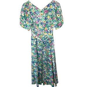 VTG Petite Lanz Originals Cottage Pastel Floral Eyelet Short Sleeve Midi Dress 8